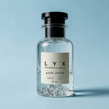 Azure Splash 115 – LYX bottle on sky-blue plaster