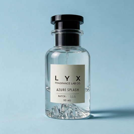 Azure Splash 115 – LYX bottle on sky-blue plaster