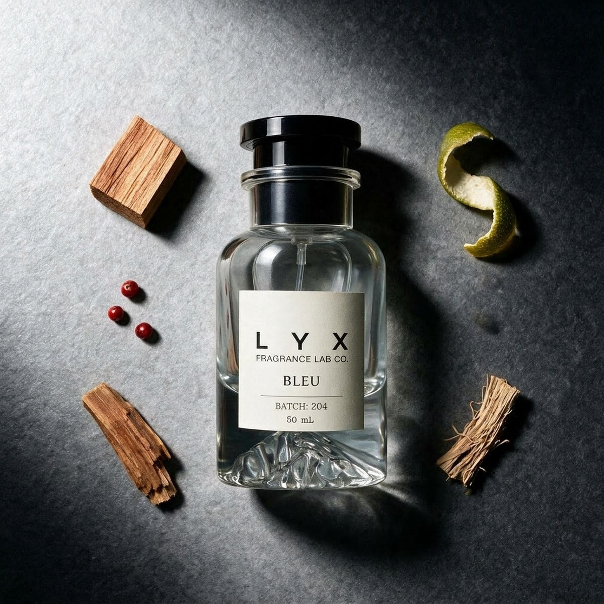 Bleu 204 with cedar, pink pepper, citrus and sandalwood
