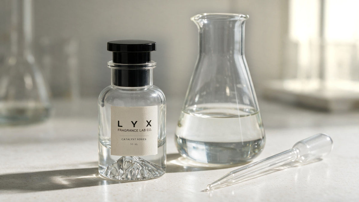 LYX perfume bottle beside a glass lab flask and dropper in natural window light