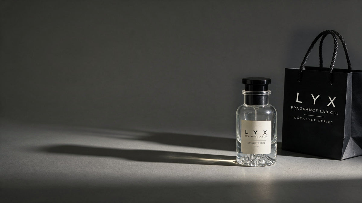 LYX perfume bottle beside the black LYX Catalyst Series bag
