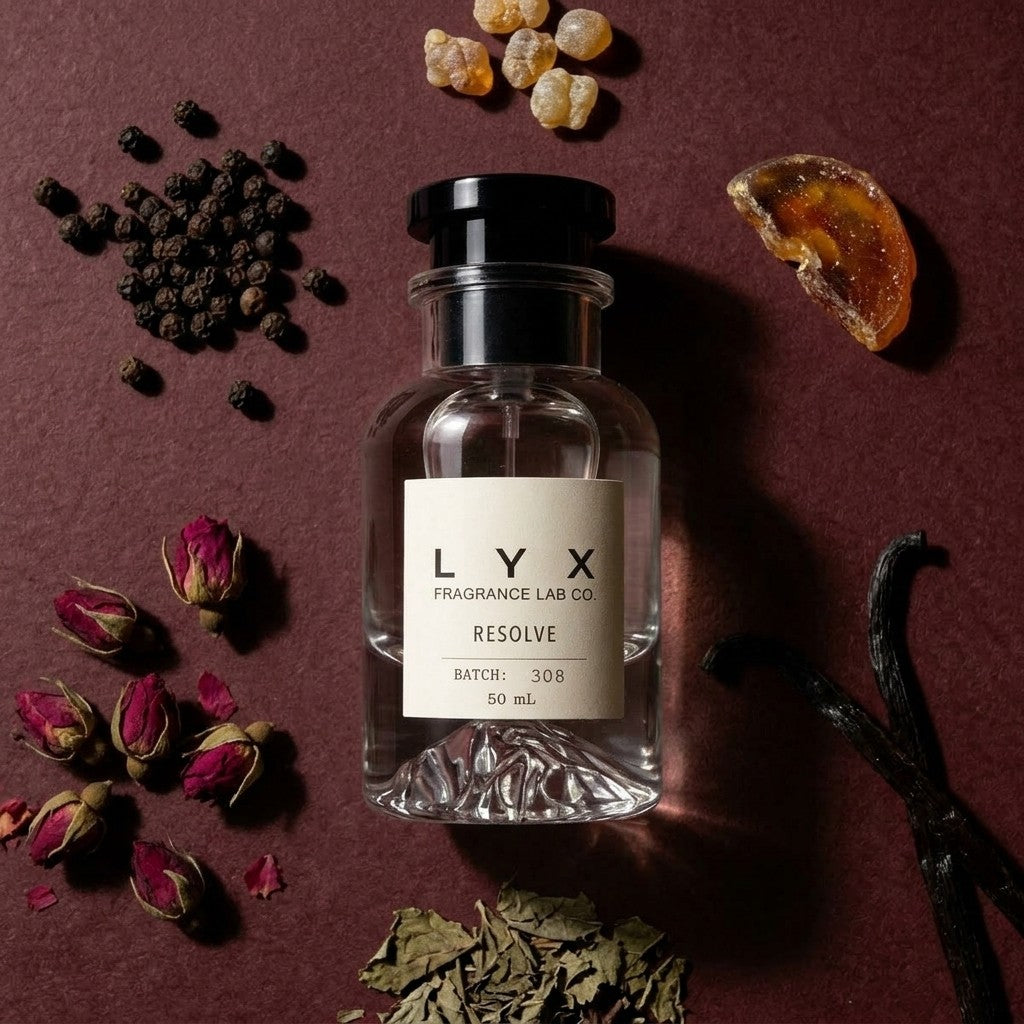 Resolve 308 – black pepper, frankincense, vanilla, rose, amber and patchouli